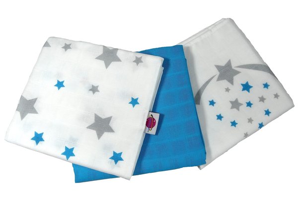 Babymajawelt® Mullwindeln "Stars" 70x70 cm 3er Pack Sterne aqua