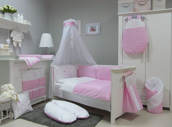 Babymajawelt® Baby Bett Set "Stars" 4tlg  Bett Set 135x100 VOILE rosa