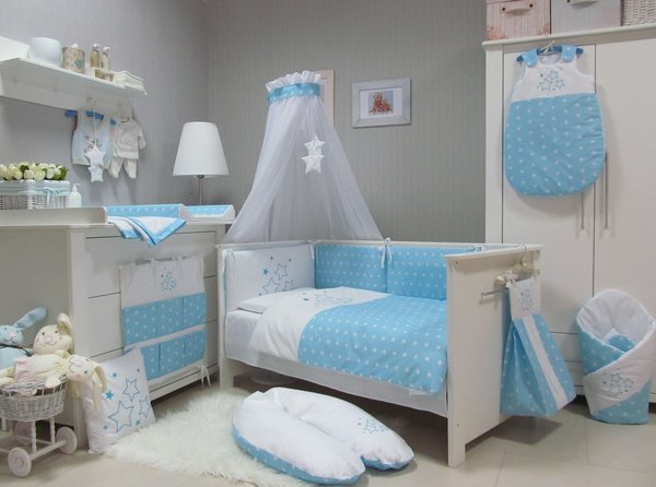 Babymajawelt® Baby Bett Set "Stars" 4tlg  Bett Set 135x100 VOILE blau