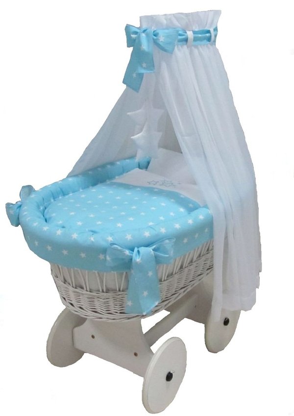 Babymajawelt® Stubenwagen Komplett Set "STARS" blau - große Räder, weiß
