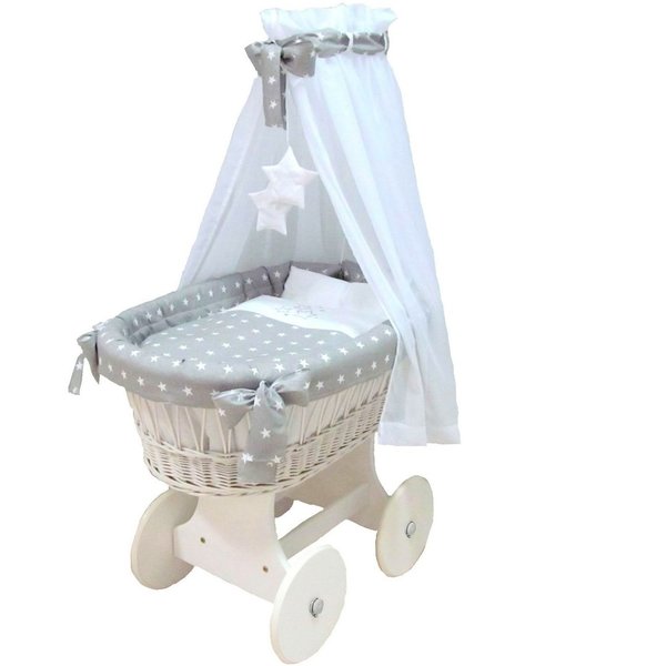 Babymajawelt® Stubenwagen Komplett Set "STARS" grau - große Räder, weiß