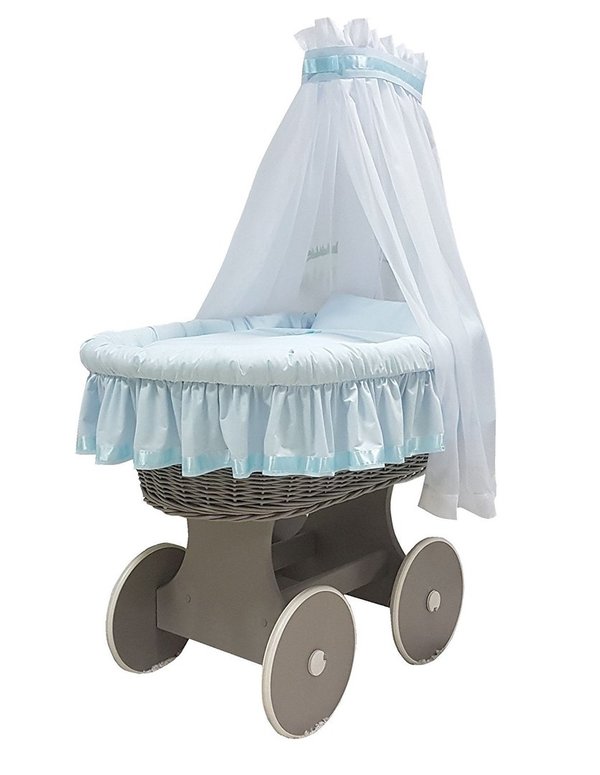 Babymajawelt® Stubenwagen Komplett Set Natura blau - große Räder, grau