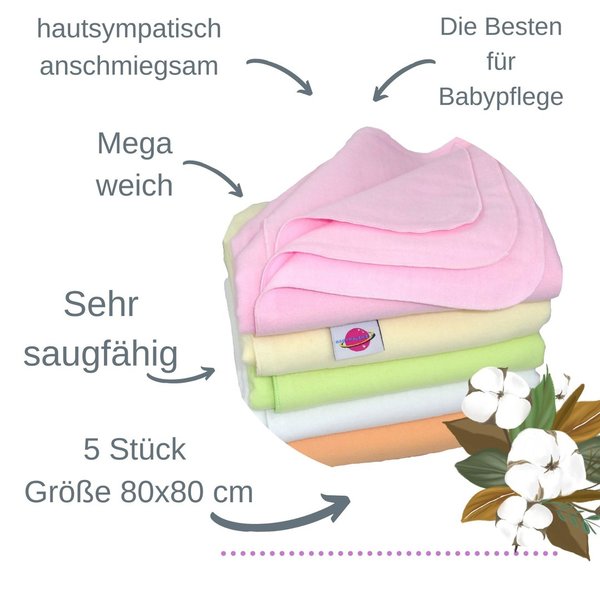 Babymajawelt® Molton Tücher 80x80, 5er Mädchen FARBIG - SUPER SOFT