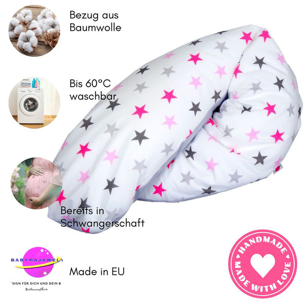 Babymajawelt® Stillkissen Perlenfüllung 190cm "BIG STARS" rosa