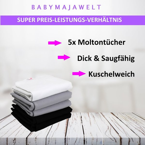 Babymajawelt®  Molton Tücher 80x80, 5er Grau Mix  - SUPER SOFT