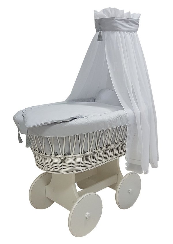 Babymajawelt® Stubenwagen Komplett Set GLAM  grau/silber - große Räder, weiß