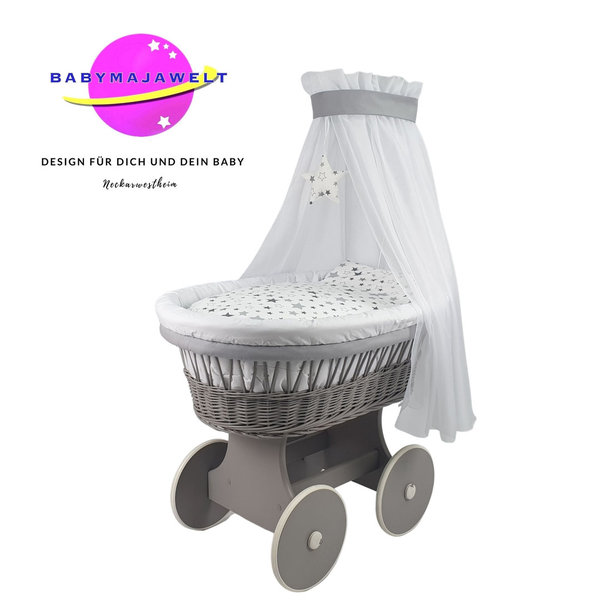 Babymajawelt® Stubenwagen Komplett Set Sterne grau