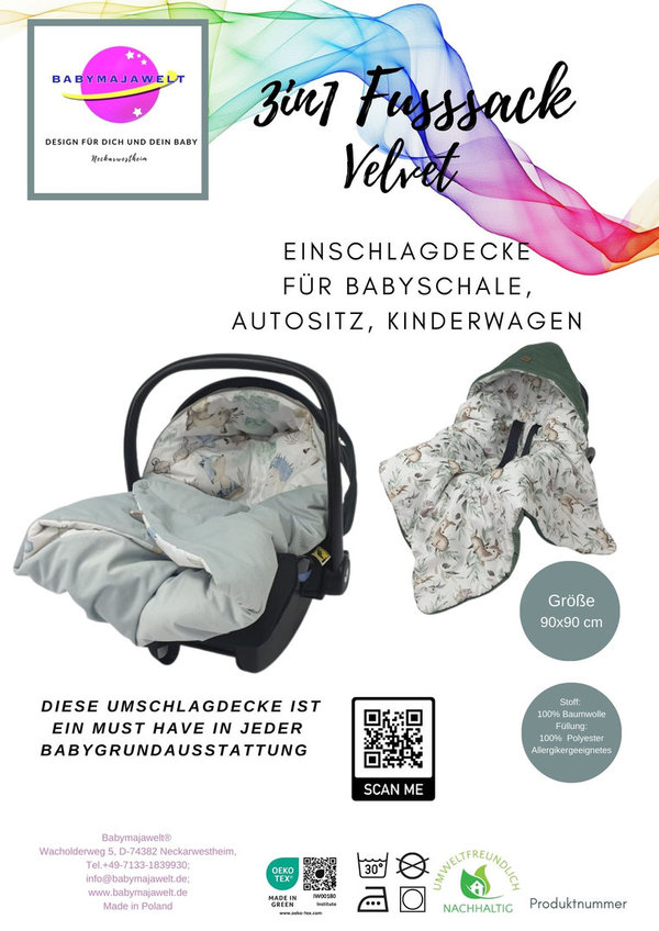 Babymajawelt® Fußsack Velvet Igel grau - Multifunktionsdecke