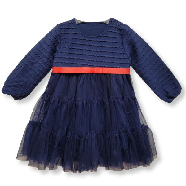 Kleid Lucy dunkelblau, festlich, langarm mit Satin rot,  68-98